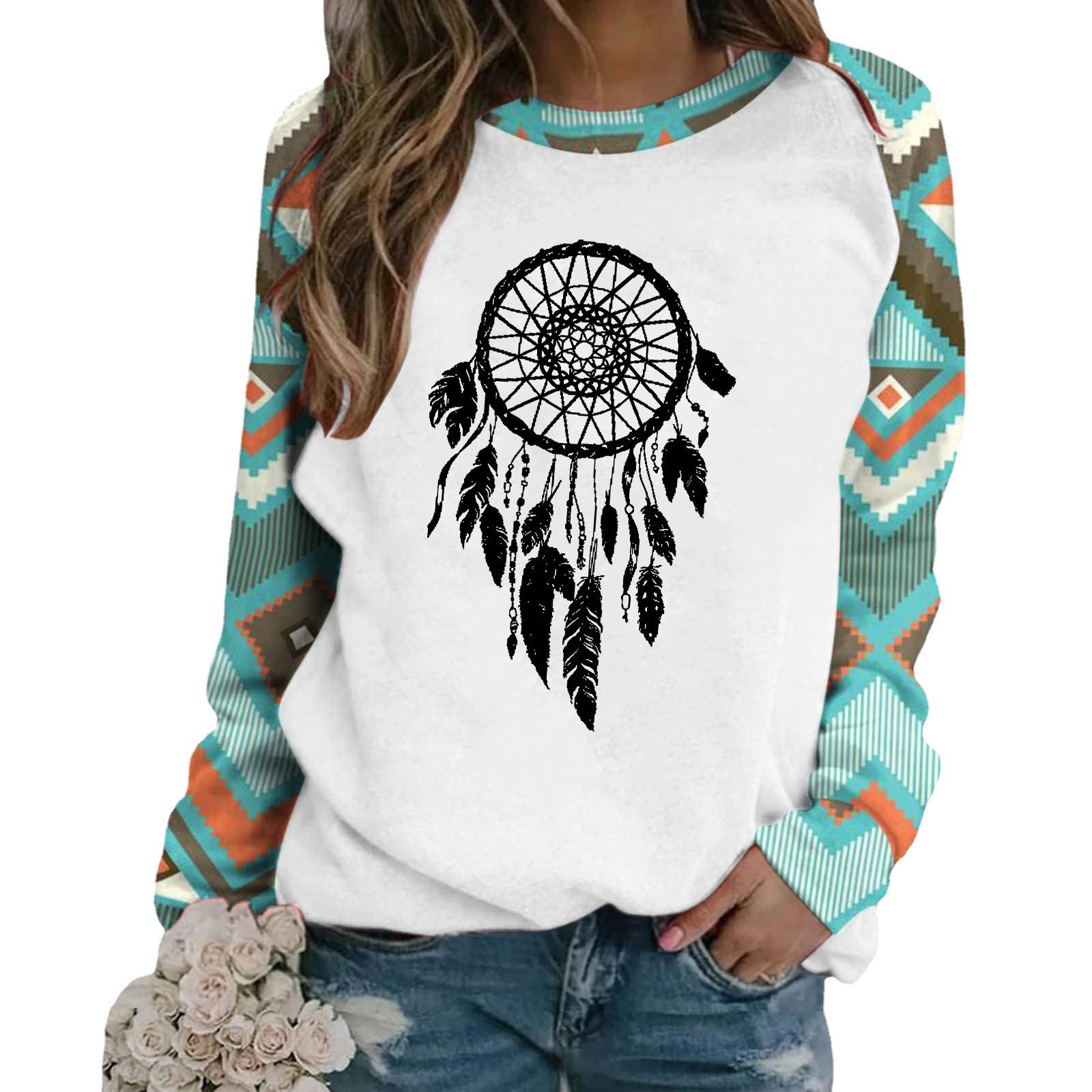 Wholesale Polyester Fiber Retro Geometric 3D Printed Long Sleeved Round Neck Hoodie